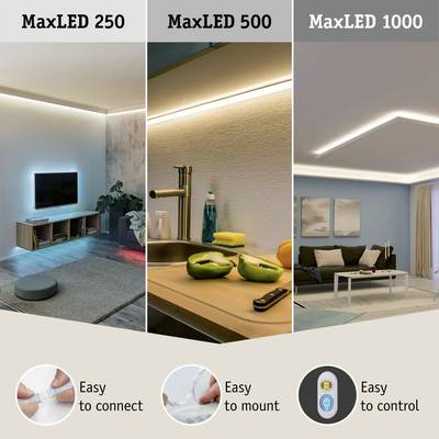 The image displays three different MaxLED lighting options: MaxLED 250 with blue accent lighting, MaxLED 500 above a kitchen worktop, and MaxLED 1000 in a living room. 'Easy to connect' and 'Easy to control' symbols are shown at the bottom.