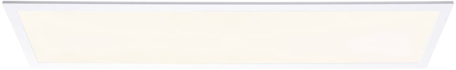 A rectangular LED panel light illuminates with a warm white-yellow tone and has a white frame.