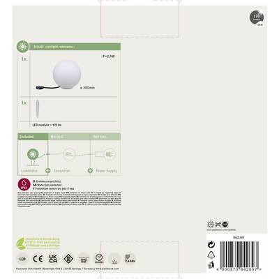 'Sphere Light': Image of a spherical light fixture with a 200 mm diameter. Includes connection accessories and an LED light module. Power rating 2.9 W.