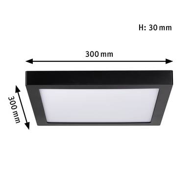 Square LED ceiling light, dimensions 300 x 300 mm, height 30 mm, black frame, white light surface.