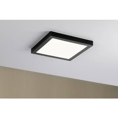 Square ceiling light mounted with a black frame on a white ceiling. It provides warm, even illumination in the room.