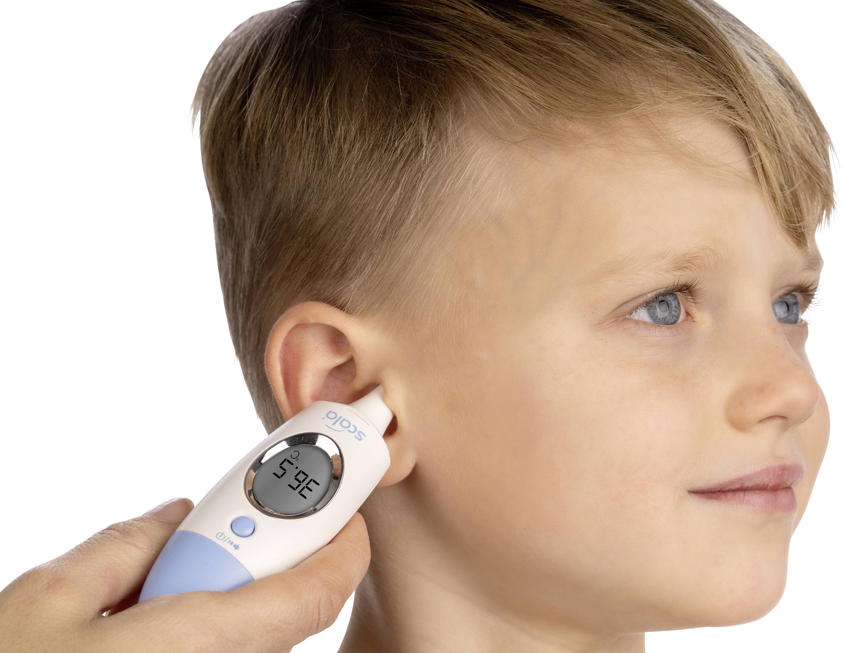A child is having their temperature taken with a digital ear thermometer. The display shows '37.3°C'. The child is smiling slightly.