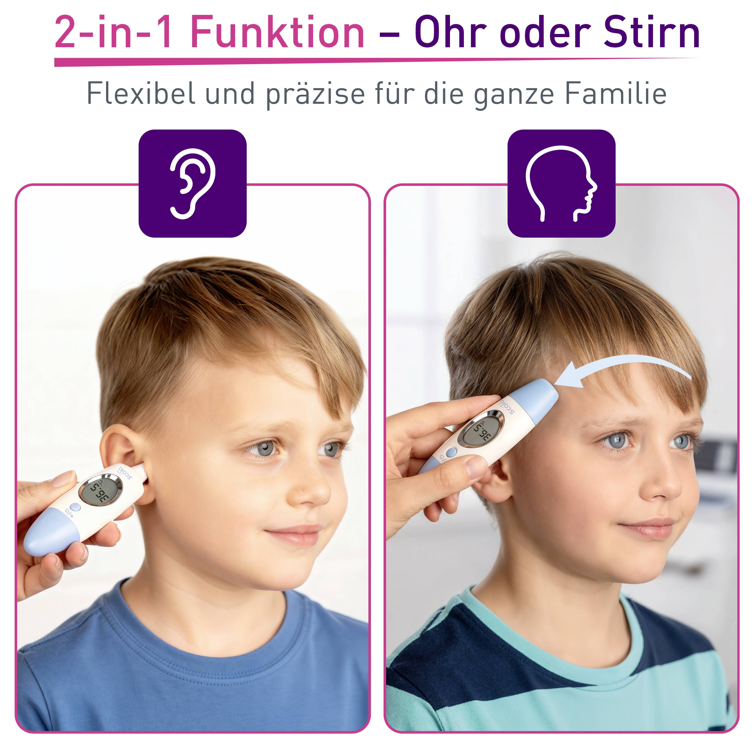 A child is being measured with a digital thermometer at the ear and forehead. Text above: '2-in-1 Function – Ear or Forehead'.