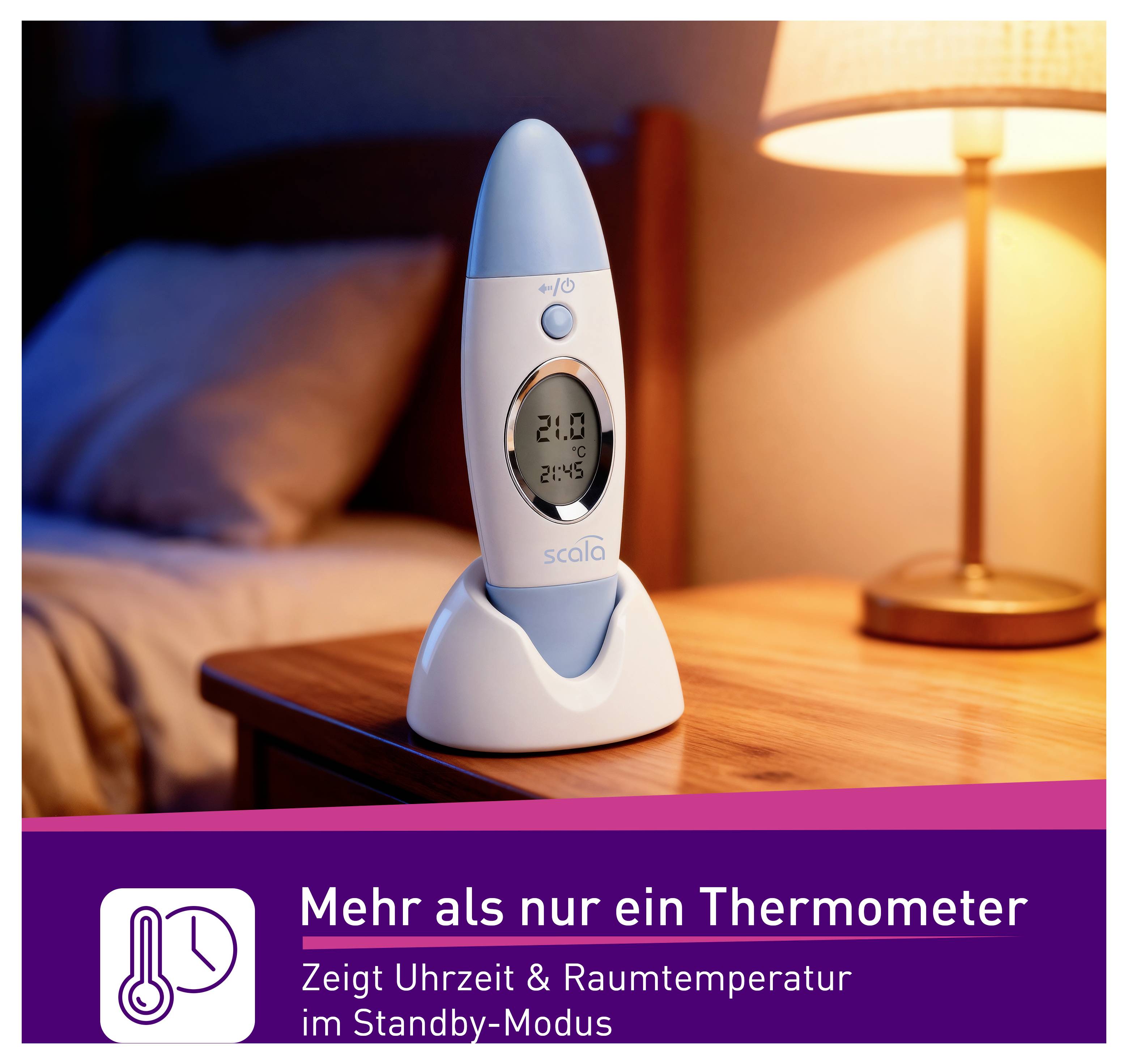 Digital thermometer on bedside table, displays time and room temperature in standby mode. Text: More than just a thermometer.
