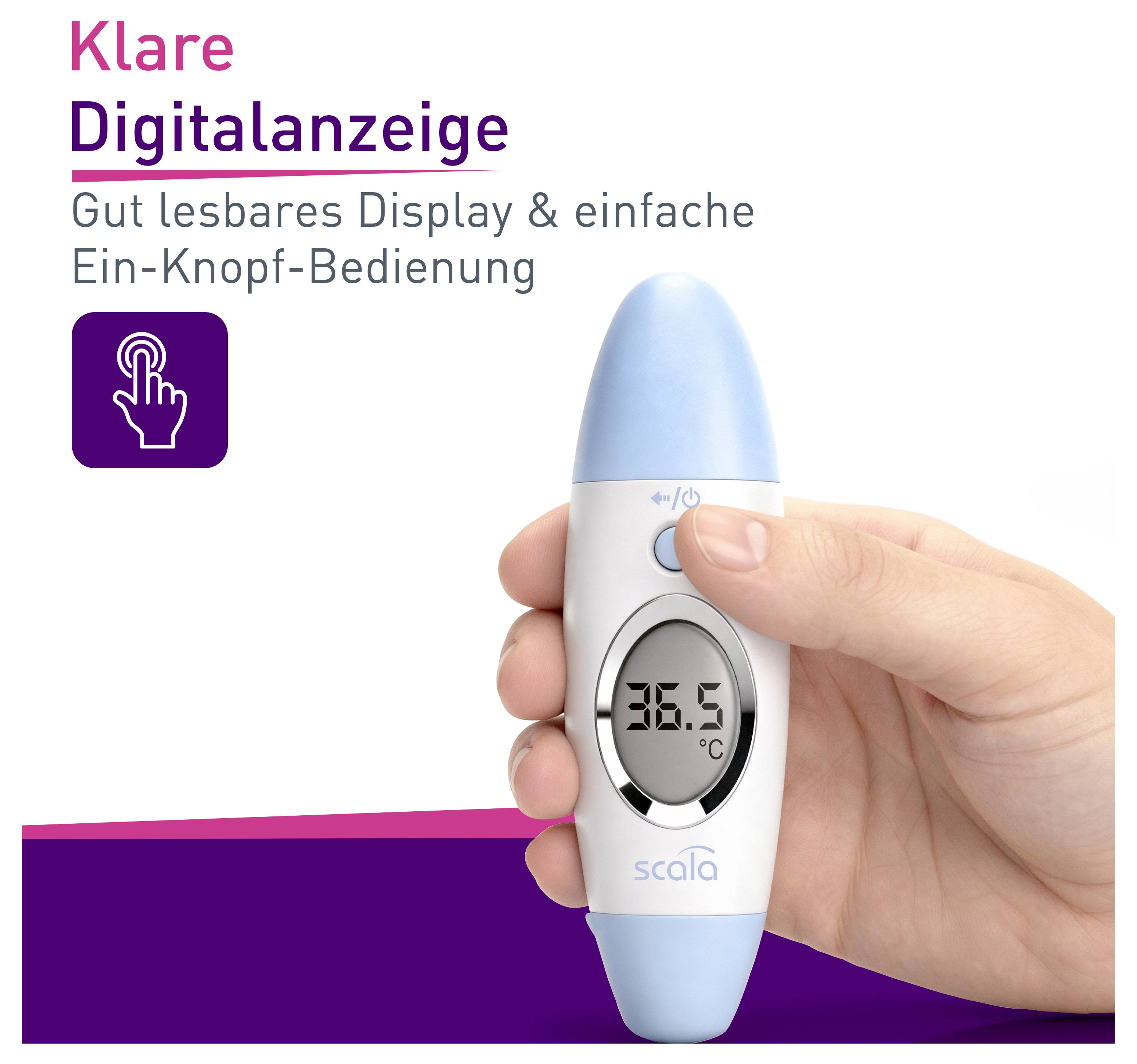 A hand holds a digital thermometer with an easy-to-read display, showing 36.5°C. Text: 'Clear digital display, simple one-button operation'.
