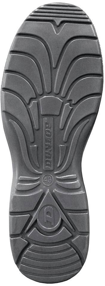 'Grey shoe sole with non-slip tread, size 43, Dunlop brand.'