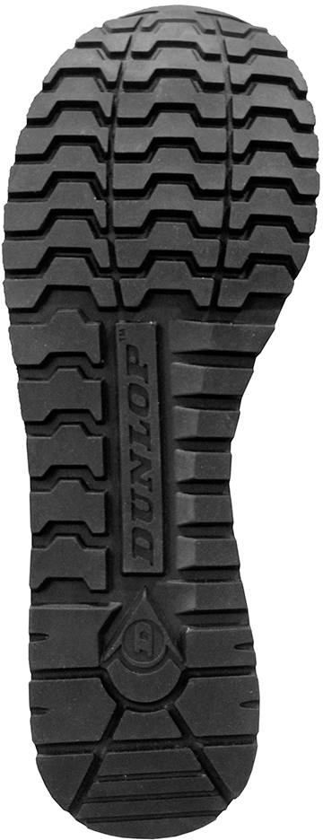 Sole profile of a black boot by Dunlop, showing a distinctive zigzag pattern for better grip on smooth surfaces.