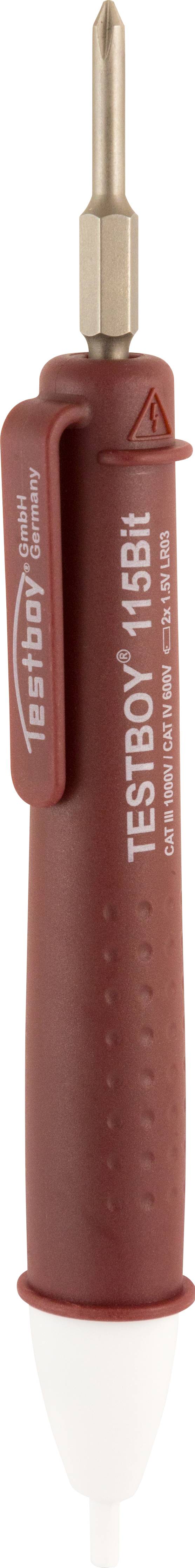 A red voltage tester with a metal tip and clip. Text on the device: 'TESTBOY 113 EL'. Blurred background.