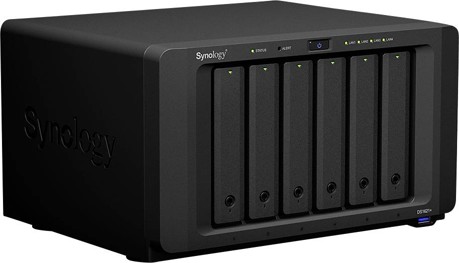 A black Synology NAS device with six hard drive bays, LED indicators on top and connection ports at the rear.