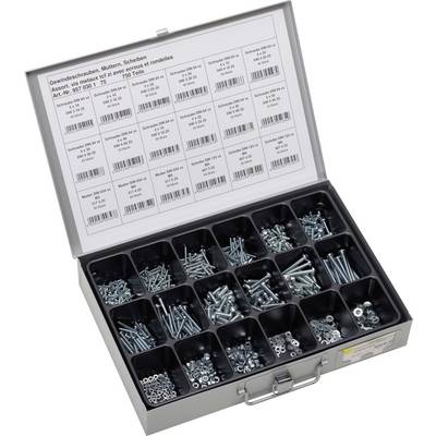 An open metal case with various screws, nuts, and washers, organised in compartments. Sticker on the lid.