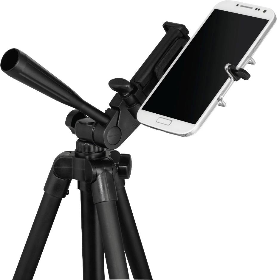 A smartphone is mounted on a tripod that can be used for photographs or video recordings.