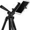 A smartphone is mounted on a tripod that can be used for photographs or video recordings.