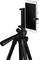 Smartphone mounted upright on a black tripod, against a white background. Ideal for photography or video recording.