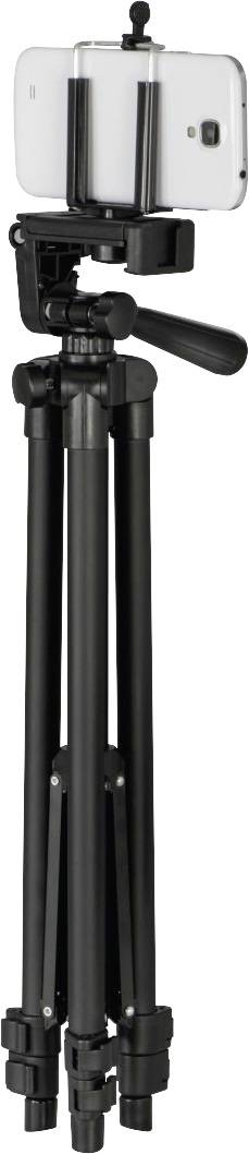 A smartphone is secured in a black tripod, which is used for video recording or photography.