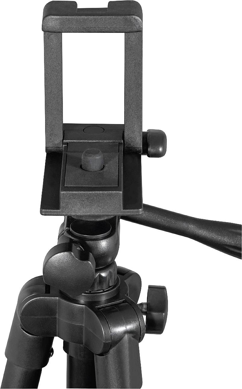 Black tripod with smartphone mount, adjustable tilt arm and multiple joints for flexible camera positioning.
