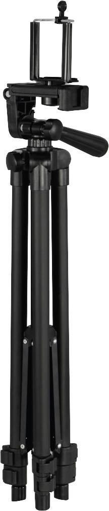 A black camera tripod with adjustable legs and a mounting bracket for cameras. Ideal for stable shots.