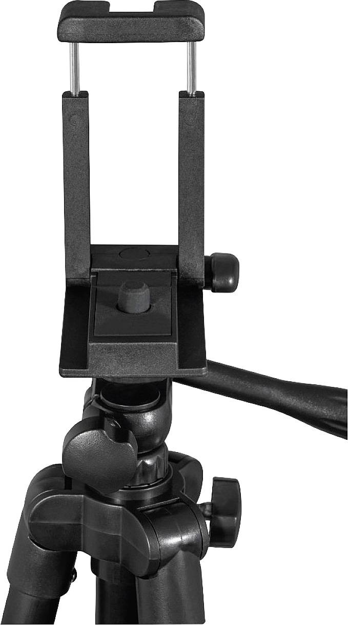 A smartphone tripod with adjustable mounts, a black frame, and multiple adjustment knobs for varying angles and heights.