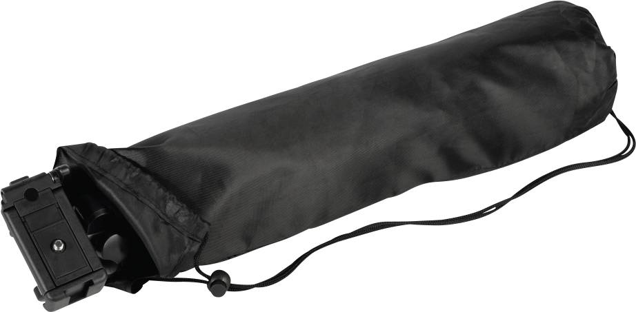 A black tripod bag with drawstring and zip is partially open; part of the tripod is visible.
