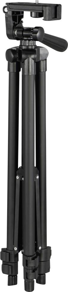 A black camera tripod with three extendable legs and an adjustable head, suitable for photography and video production.