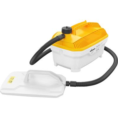 Steam cleaner with yellow water tank and black hose, connected to white steam foot. Used for floor cleaning.