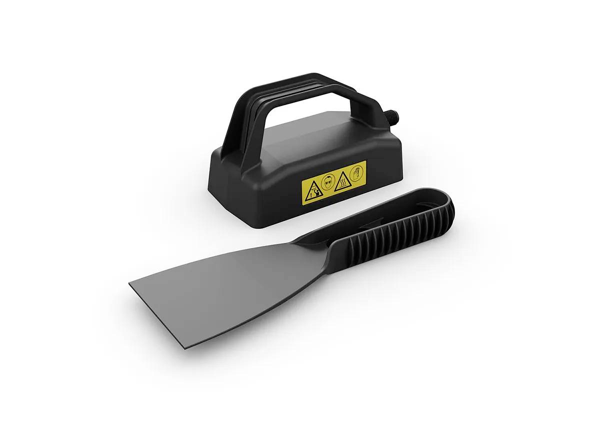 Hand sanding block with guide rail and removable sanding plate, equipped with warning symbols.
