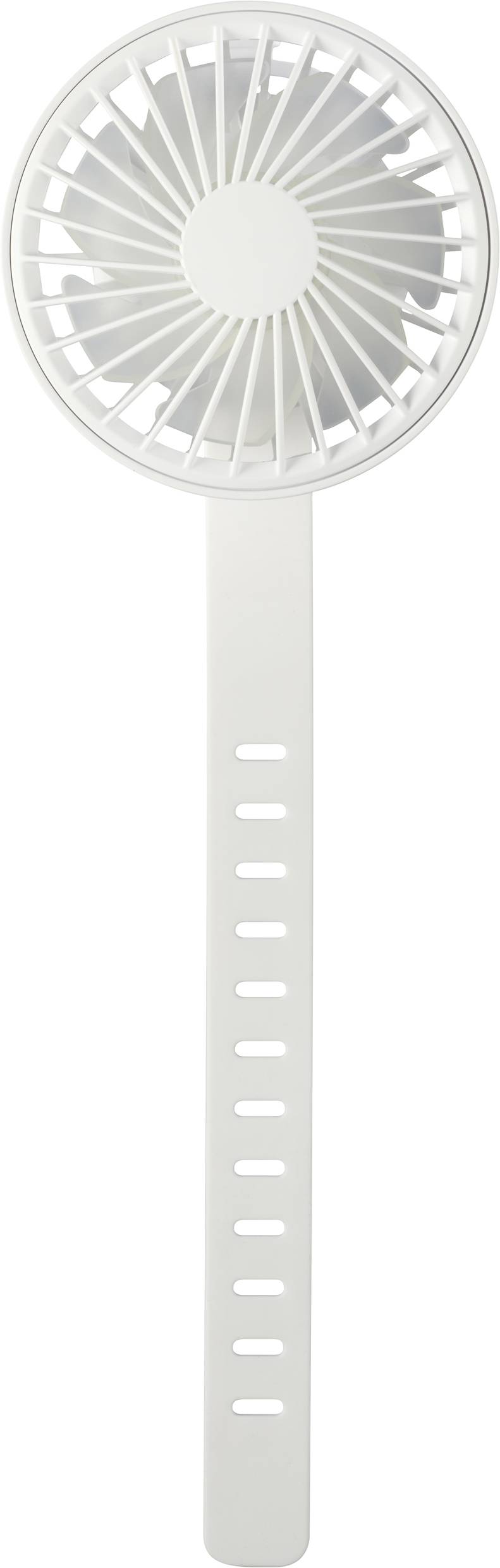 A white, portable fan with a long handle and multiple air vents, suitable for use on the go or outdoors.