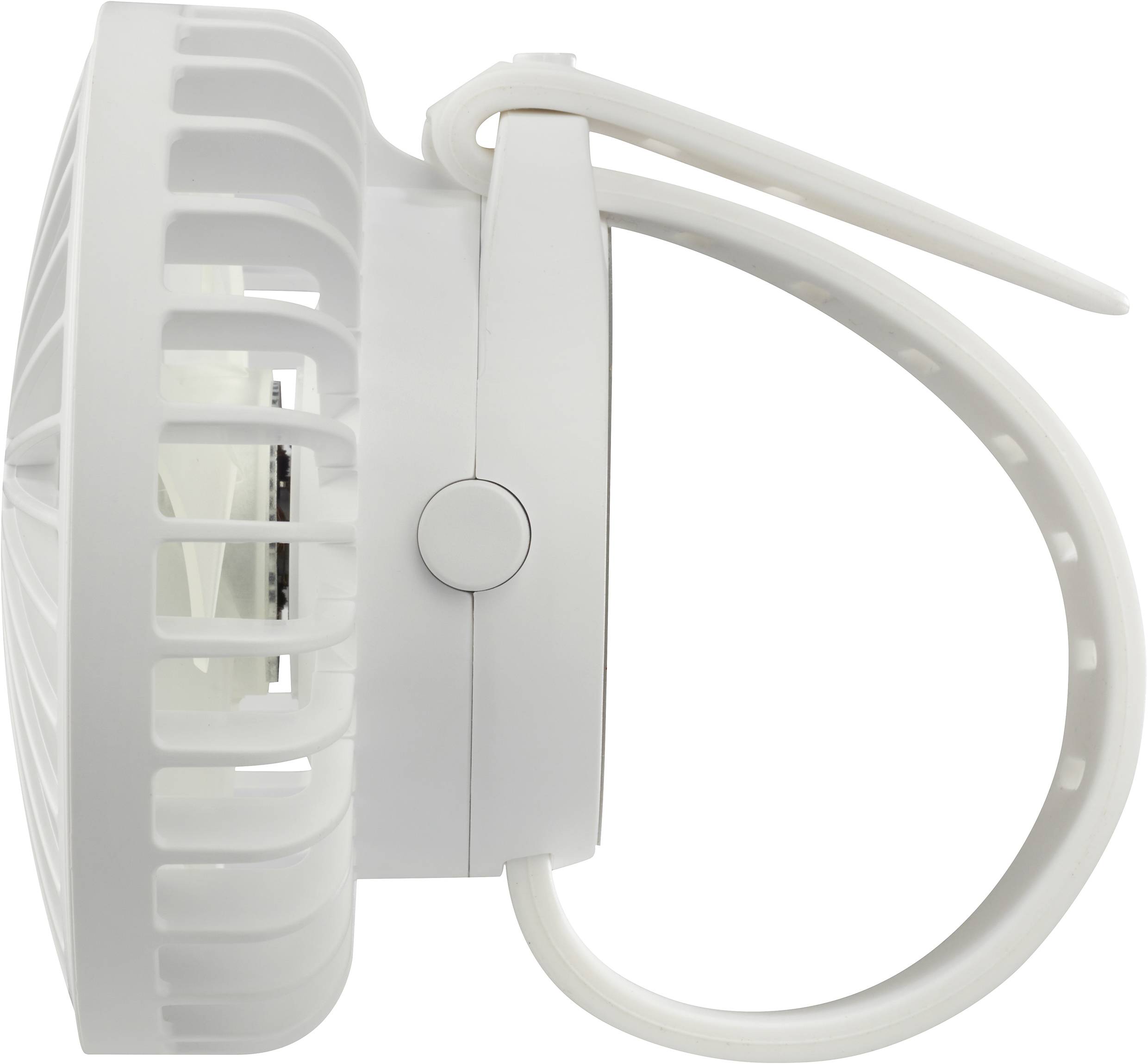 White, round portable fan with clip and mesh grille, side view. Ideal for attaching to objects.