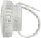 White, round portable fan with clip and mesh grille, side view. Ideal for attaching to objects.