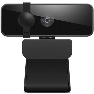 A black webcam with a side-mounted camera lens and a stand for attaching to a monitor or laptop.