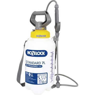 Portable pressure sprayer with a 7-litre capacity, yellow lid and grey handle; side-scaled for volume indication.