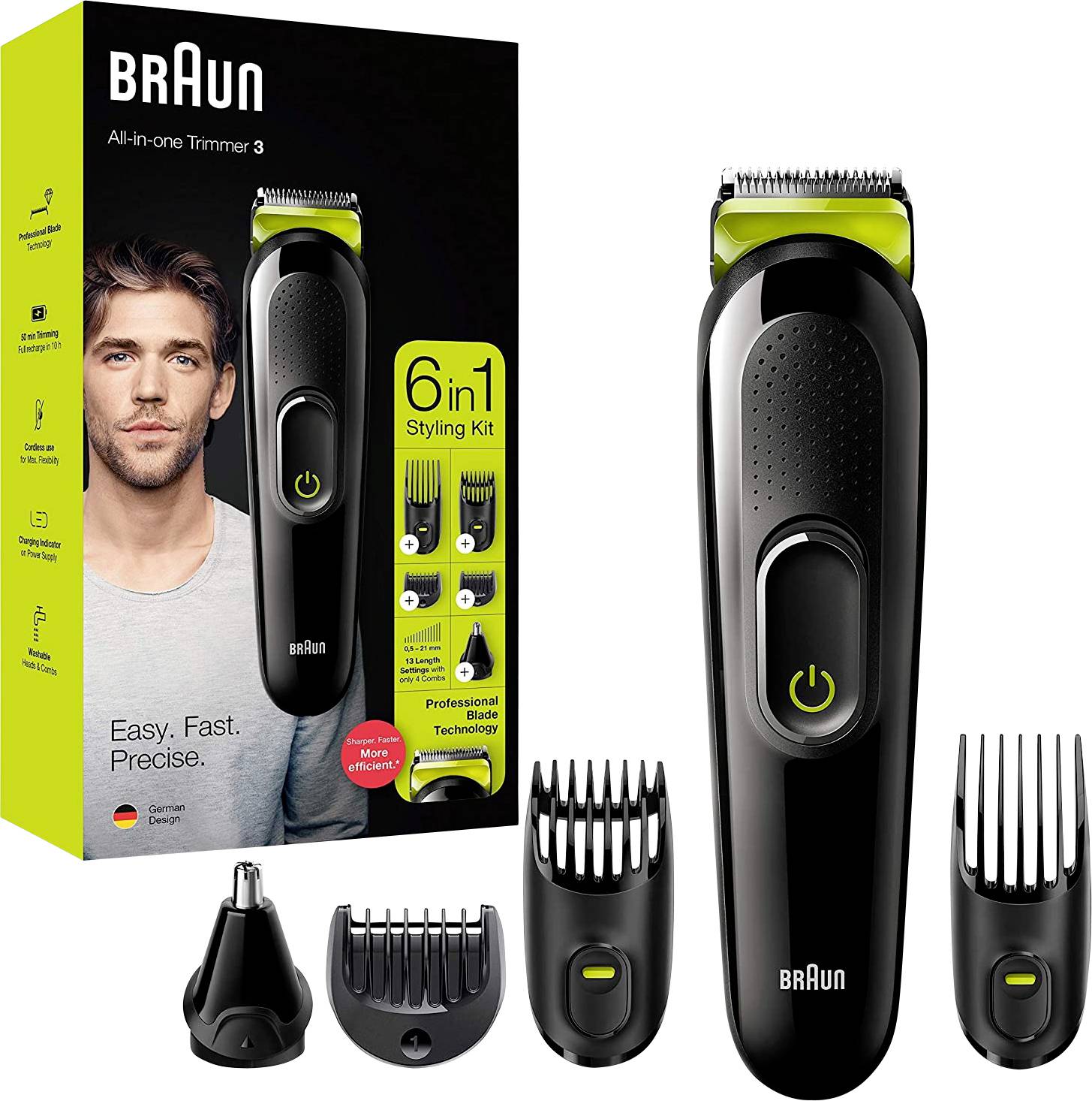 Braun MGK Beard trimmer, Hair clipper, Ear/nose hair trimmer, Shaver  Washable Black, Green 