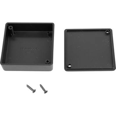 Black rectangular plastic housing with a removable cover and two screws.