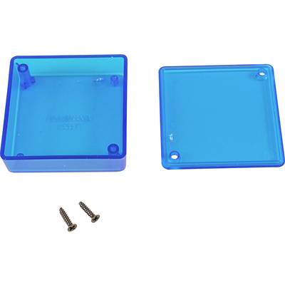A rectangular, blue, transparent plastic enclosure with two parts. Two silver screws are located underneath.