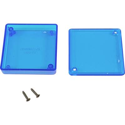 Two blue, translucent plastic covers, square with holes in the corners, next to two metal screws.