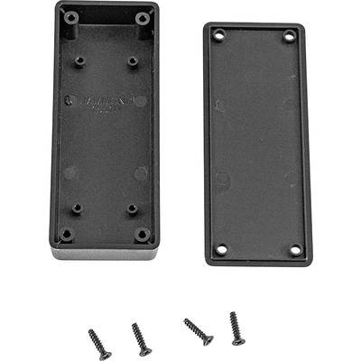 'Two-part black plastic casing with four screws. Left part with holes for screws, right part serving as a cover.'