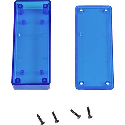A blue plastic casing with a removable lid, alongside four black screws for securing it.