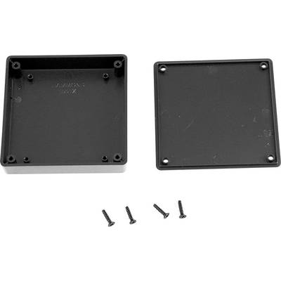 Black rectangular enclosure opened into two parts, four screws underneath. No inscription or symbols visible.