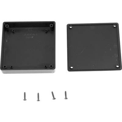 'Black plastic housing in two parts with four small screws, suitable for electronic projects or devices.'