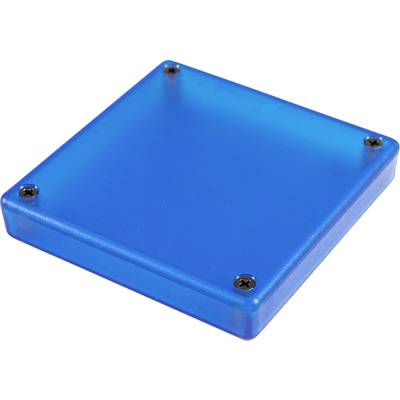 A square, blue plastic enclosure with four screws at the corners.