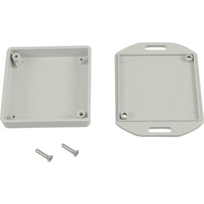 An open, empty, rectangular plastic enclosure with two screws, ready for mounting or housing electronic components.