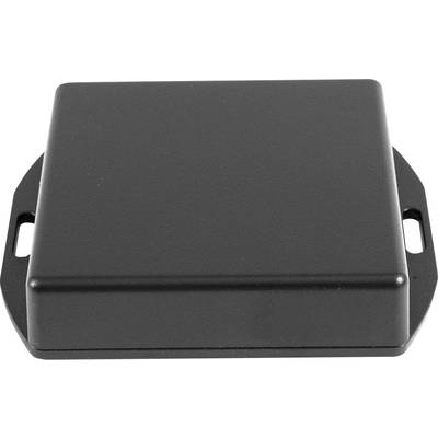 A rectangular, black enclosure with rounded edges and two side mounting holes, possibly an electronic device.