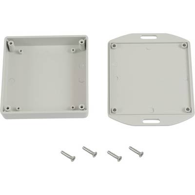 A rectangular plastic enclosure, shown open in two parts, with four mounting screws.