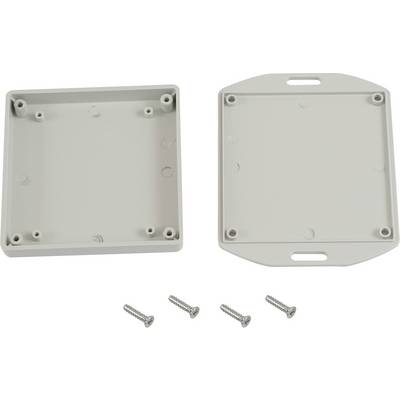 Opened, rectangular plastic housing with six screw holes and four corresponding screws in front of it.