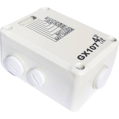 White electronic device with the inscription 'GX107 4G LTE' and multiple ports. Table shows various outputs and battery status.