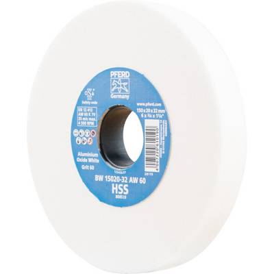 A white grinding wheel with a blue central disc, used for grinding metal. Marked 'Pferd Germany'.