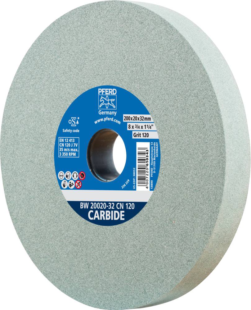 Green silicon carbide grinding wheel, grit 120, for grinding work, 200 mm diameter, 32 mm bore, PFERD brand.
