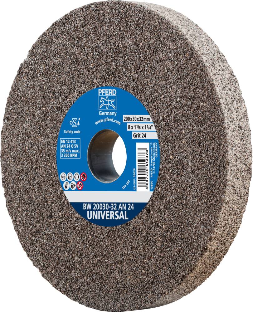 Grinding wheel with blue label, brand 'Pferd Germany', diameter 200 mm, grit 24, universally applicable for grinding work.<br><br>Abrasive disc with blue label, manufactured by 'Pferd Germany', 200 mm in diameter, 24 grit, versatile for grinding applications.