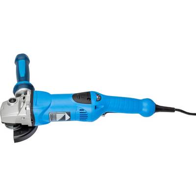 A blue angle grinder with a side handle and power cable, suitable for cutting and grinding materials.