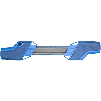 A blue knife sharpener with two blue handles and a metal rod in the middle, used for sharpening knife blades.