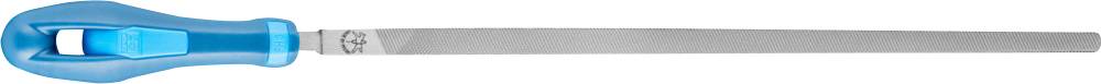 Metal file with blue handle, flat metal blade. Suitable for removing material or smoothing surfaces in the workshop.